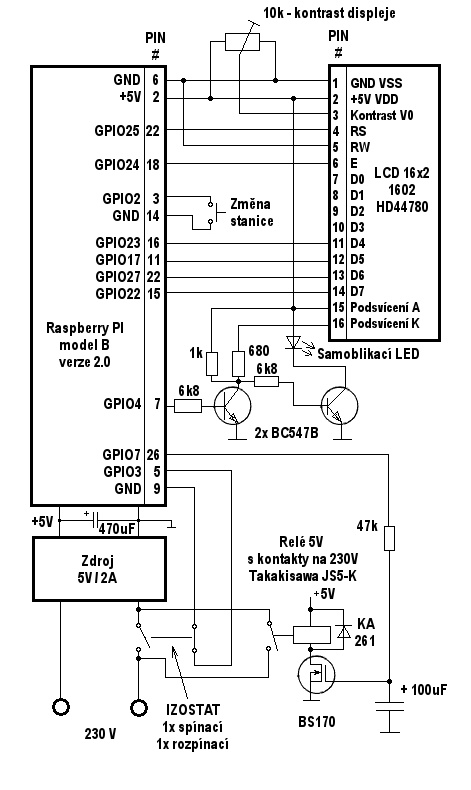 Raspberry PI radio - schema zapojen LCD displeje a zpodnho vypnn