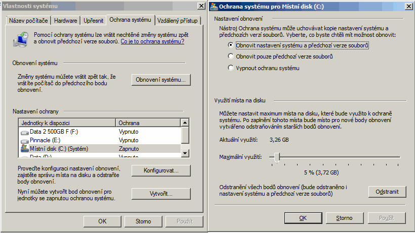 Konfigurace bodů obnovení u Windows 7