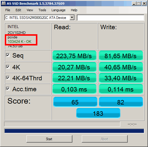 AS SSD Benchmark - řadič v emulaci IDE