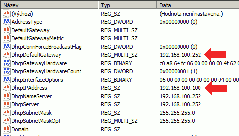 Umístění parametrů připojení v případě přebírání nastavení z DHCP serveru