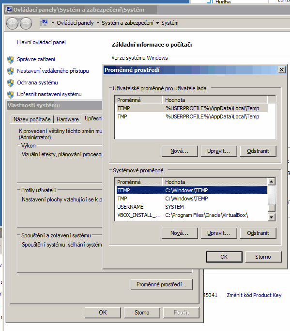 Konfigurace umístění adresářů TMP a TEMP u Windows 7